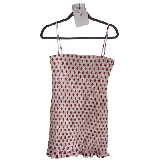 Lovers + Friends Burson Dress Women's Medium Smocked Hot Pink Polkadots Ruffle - Picture 1 of 6